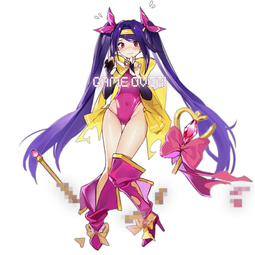 1girl, alternate_costume, alternate_hairstyle, boots, broken, broken_weapon, censored, cosplay