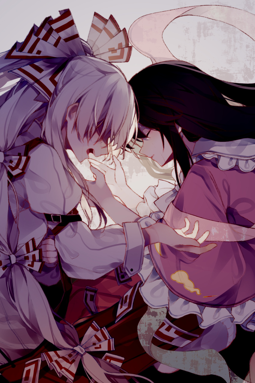 2girls, absurdres, arm_belt, belt, black_hair, bow, closed_eyes, commentary_request, crying, english_commentary, from_side, fujiwara_no_mokou, hair_bow, highres, houraisan_kaguya, japanese_clothes, long_hair, long_skirt, long_sleeves, mixed-language_commentary, multiple_girls, open_mouth, pants, partial_commentary, pink_shirt, red_pants, red_skirt, shirt, silver_hair, skirt, suspenders, toriki, touhou, very_long_hair, white_bow, white_shirt, wide_sleeves