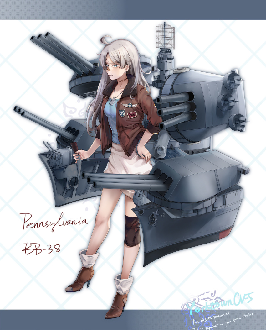 1girl, bandaid, bandaid_on_face, battleship, blue_eyes, blue_shirt, boots, brown_footwear