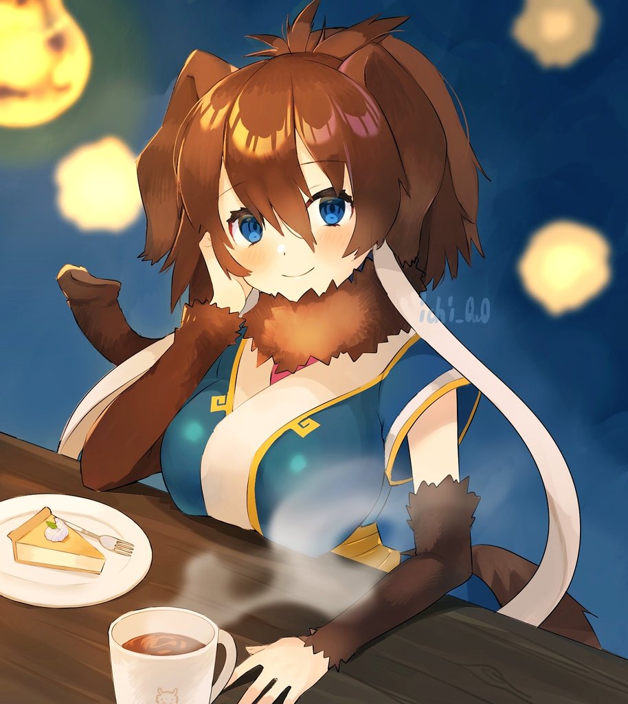 1girl, blue_eyes, blue_shirt, brown_hair, cake, coffee, commentary, detached_sleeves