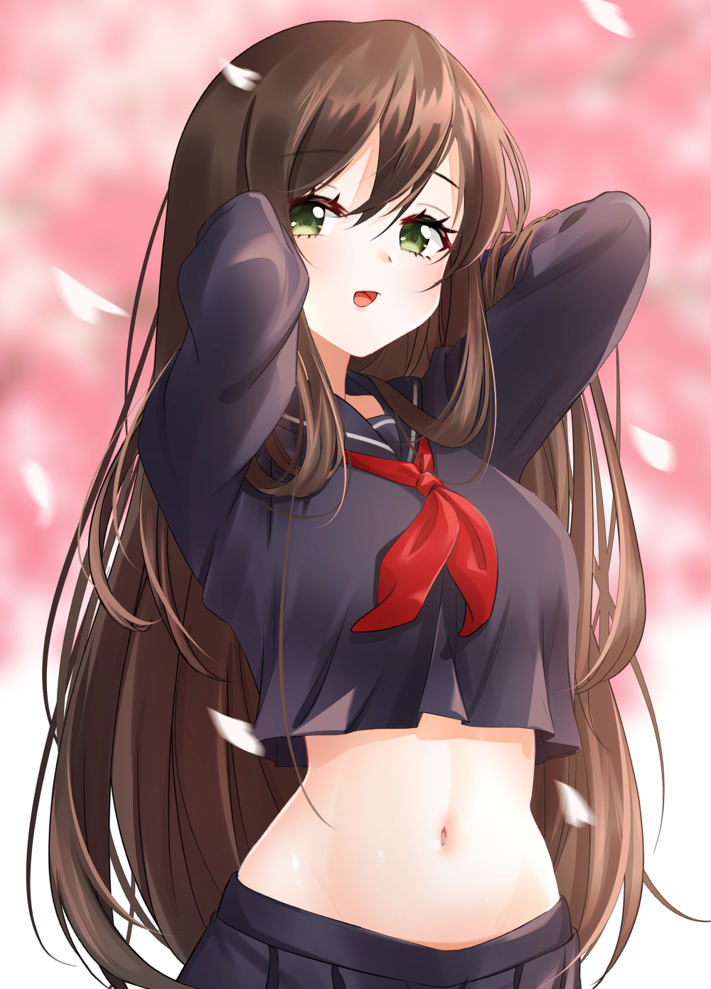 1girl, arms_behind_head, bangs, blue_sailor_collar, blue_serafuku, blue_skirt, blurry, blurry_background