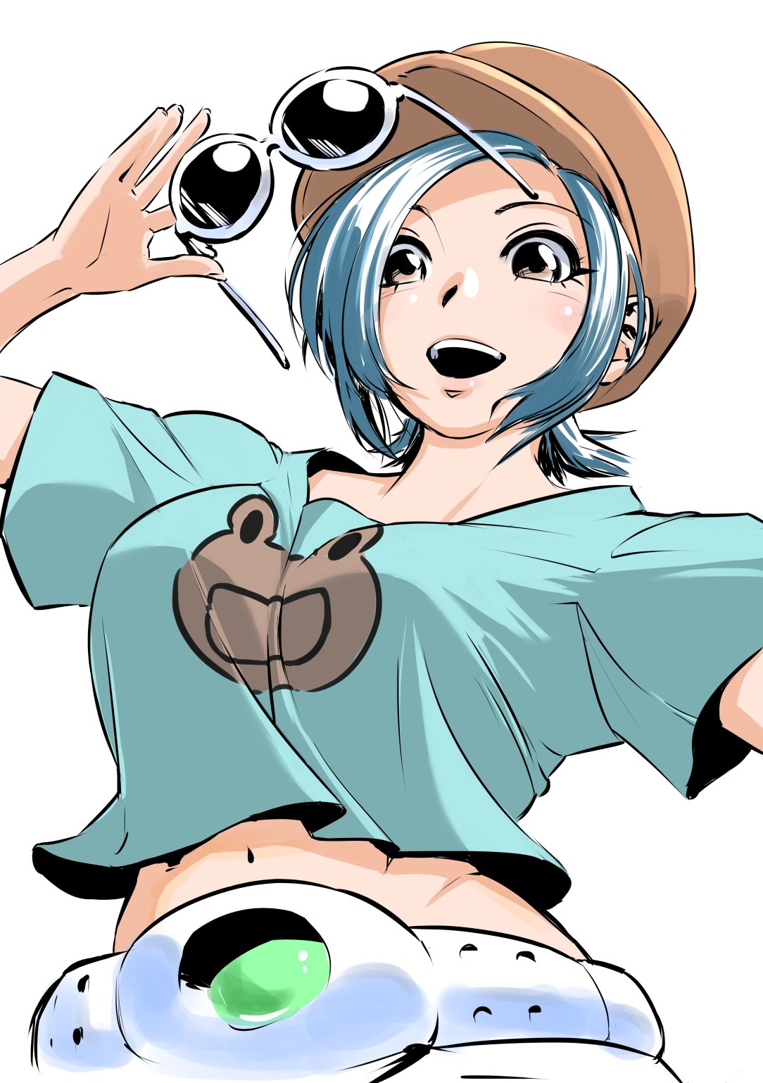 1girl, animal_print, belt, blue_hair, frog_print, hat, highres, mahha_warabi