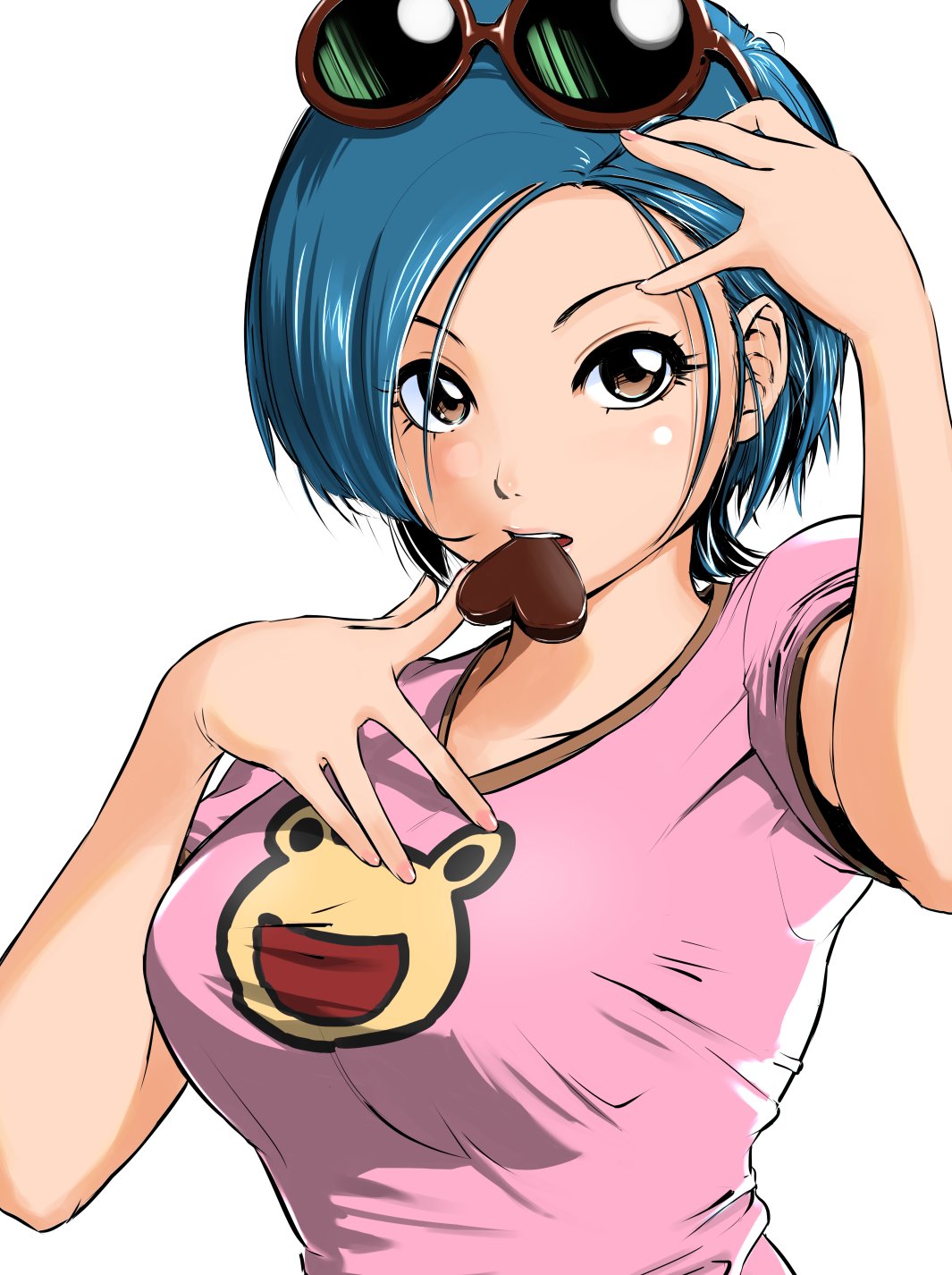 1girl, animal_print, blue_hair, candy, chocolate, chocolate_heart, eyewear_on_head, food