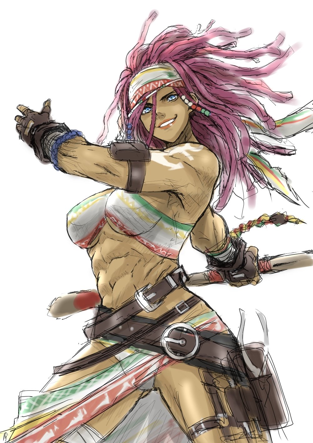 1girl, abs, anagumasan, anchor_tattoo, bandana, blue_eyes, darli_dagger, fingerless_gloves