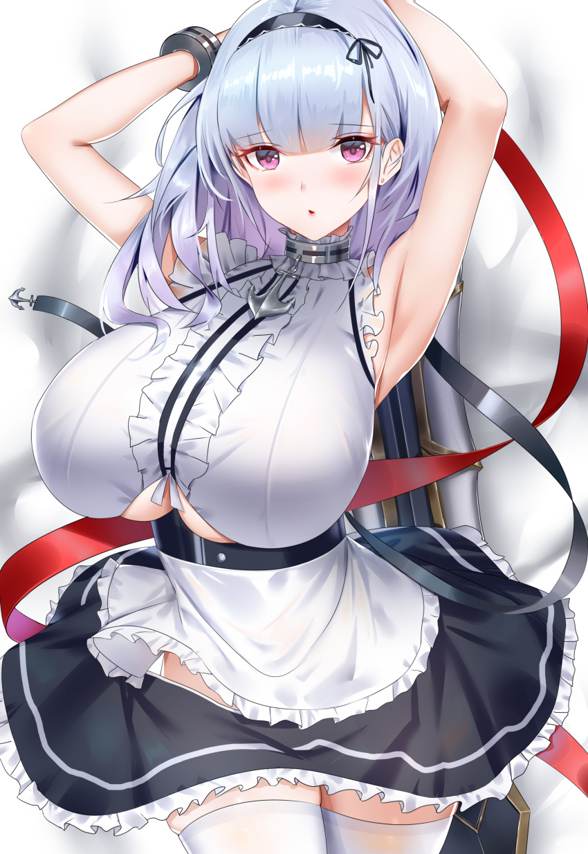 1girl, absurdres, anchor_choker, apron, armpits, arms_behind_head, arms_up, azur_lane