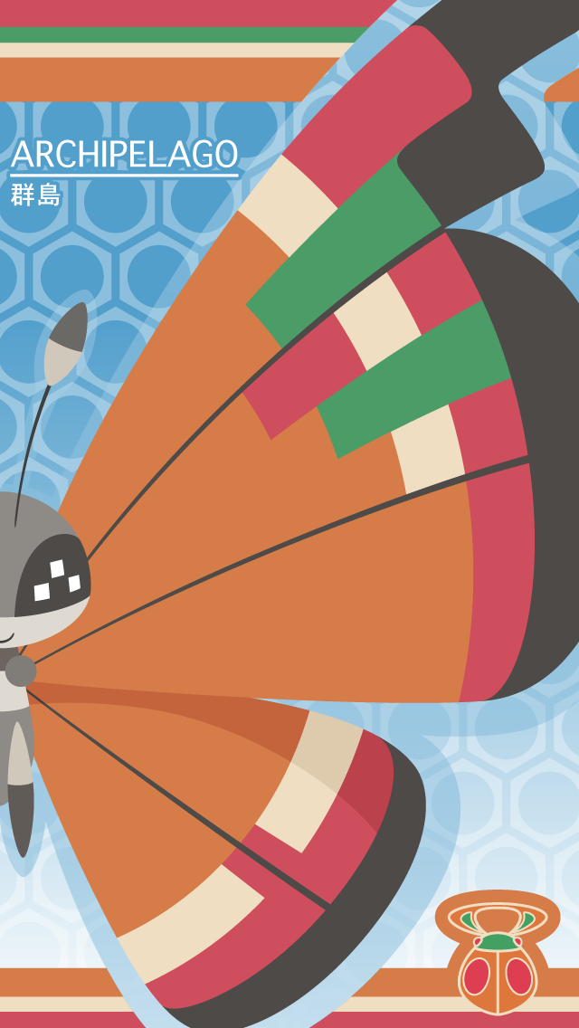 badge, black_eyes, blue_background, bug, bug_badge, butterfly, creature, english_text, gym_leader_badge, honeycomb_(pattern), honeycomb_background, insect, looking_at_viewer, namima_usagi, no_humans, pokemon, pokemon_(creature), smile, solo, vivillon, vivillon_(archipelago)