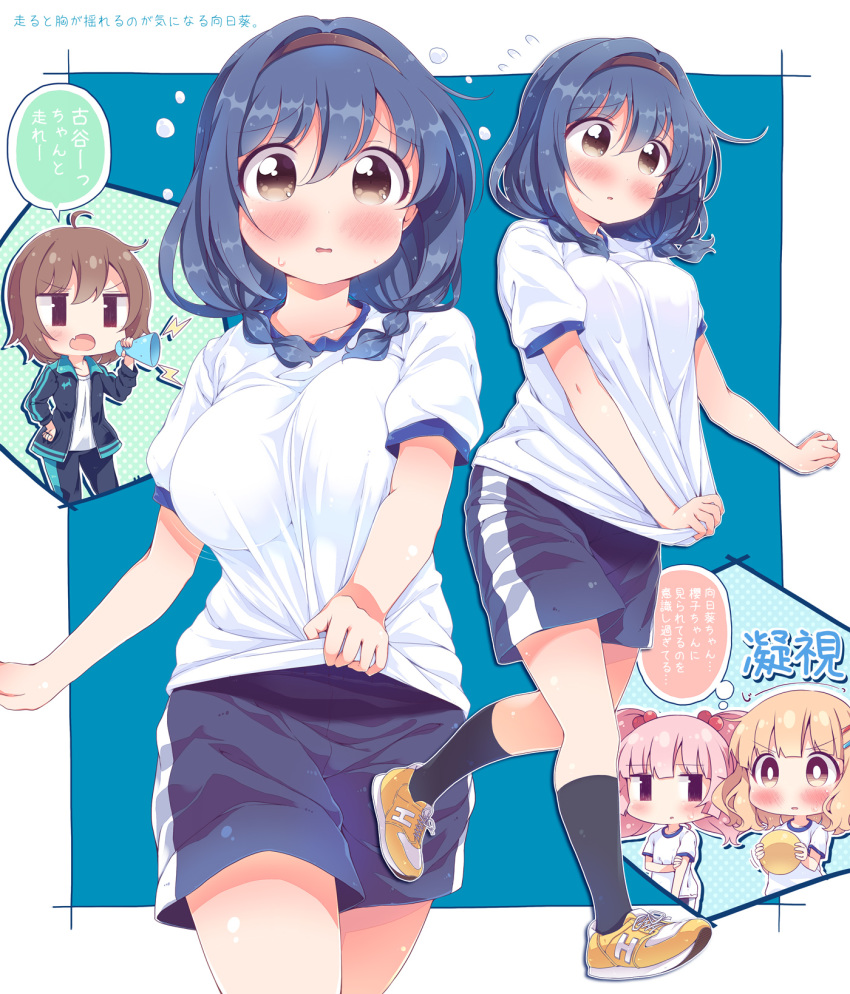 4girls, black_legwear, blonde_hair, blue_hair, blush, breasts, brown_eyes, brown_hair
