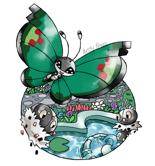 :d, artsy-theo, black_eyes, bug, butterfly, creature, flying, fountain
