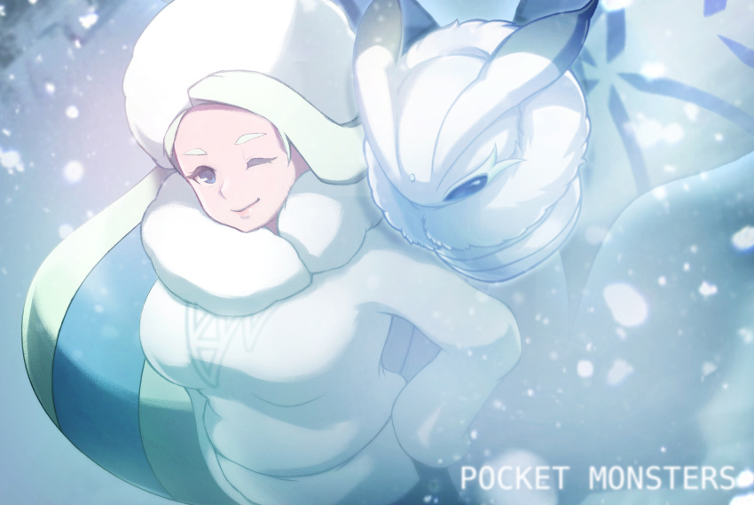 1girl, blue_eyes, breasts, copyright_name, frosmoth, fur_hat, gen_8_pokemon, gym_leader, hand_on_hip, hat, highres, long_hair, looking_at_viewer, melon_(pokemon), one_eye_closed, ougushi_takaaki, outdoors, plump, pokemon, pokemon_(creature), pokemon_(game), pokemon_swsh, snowing, solo, standing, very_long_hair