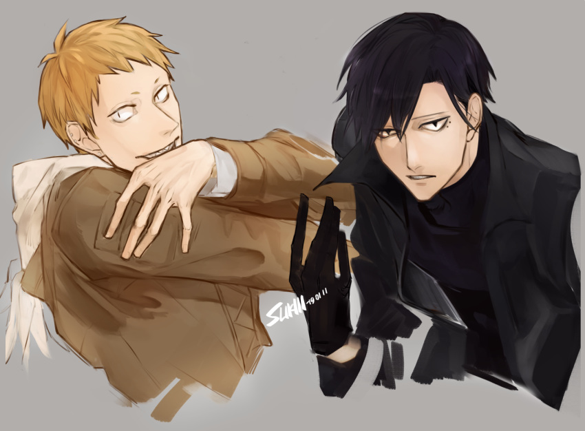 2boys, alternate_hairstyle, black_coat, black_jacket, brown_hoodie, coat, frown, gloves