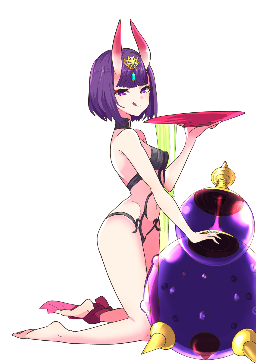 1girl, absurdres, alcohol, ankle_ribbon, bangs, bare_shoulders, barefoot, blush, bob_cut, breasts, closed_mouth, cup, delrah, eyeliner, fate/grand_order, fate_(series), feet, gourd, headpiece, highres, horns, kneeling, legs, licking_lips, looking_at_viewer, makeup, navel, oni, oni_horns, purple_hair, red_ribbon, revealing_clothes, ribbon, sakazuki, sake, short_eyebrows, short_hair, shuten_douji_(fate/grand_order), simple_background, skin-covered_horns, small_breasts, smile, solo, tongue, tongue_out, violet_eyes, white_background