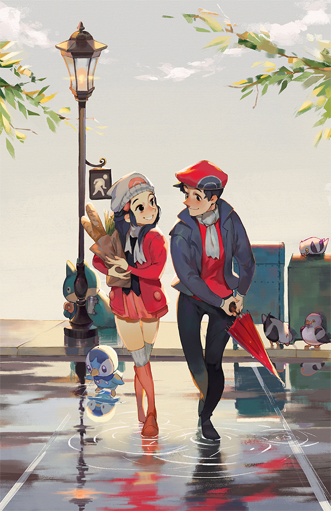 1boy, 1girl, beanie, bird, black_pants, boots, clouds, commentary