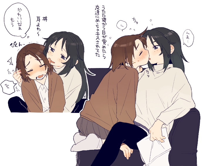 2girls, bangs, blush, brown_eyes, brown_hair, dayama, ear_blush, freckles