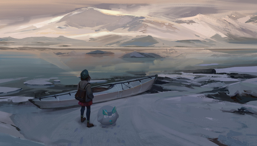 1girl, backpack, bag, blue_legwear, boat, coat, commentary, creature