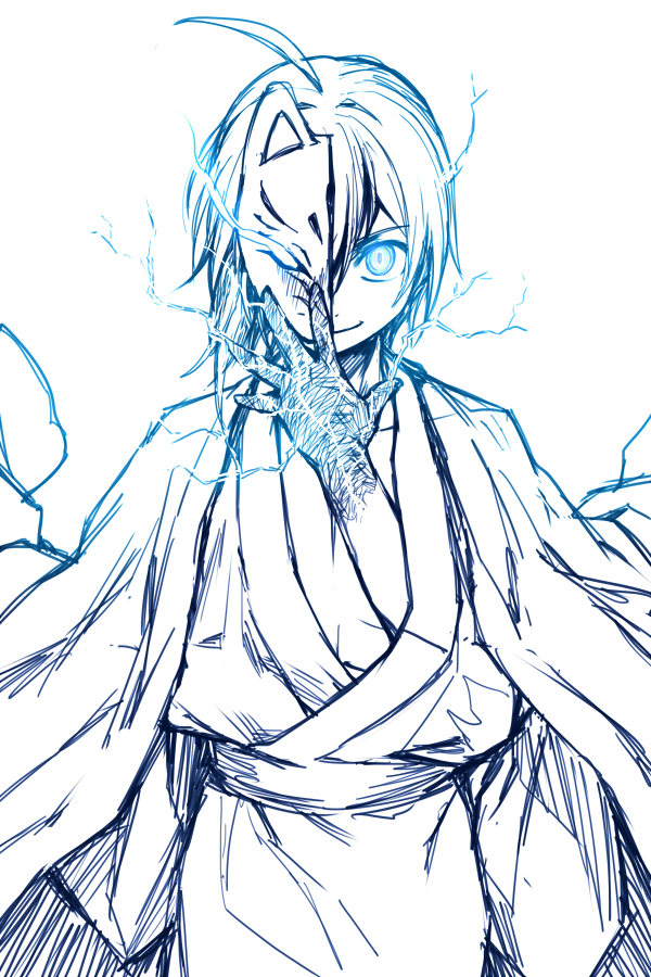 1boy, ahoge, asugano_subaru, blue_eyes, burn_mark, burnt, closed_mouth, electricity