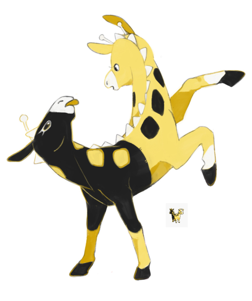 beta_pokemon, black_eyes, creature, eye_contact, full_body, girafarig_(beta), highres, looking_at_another