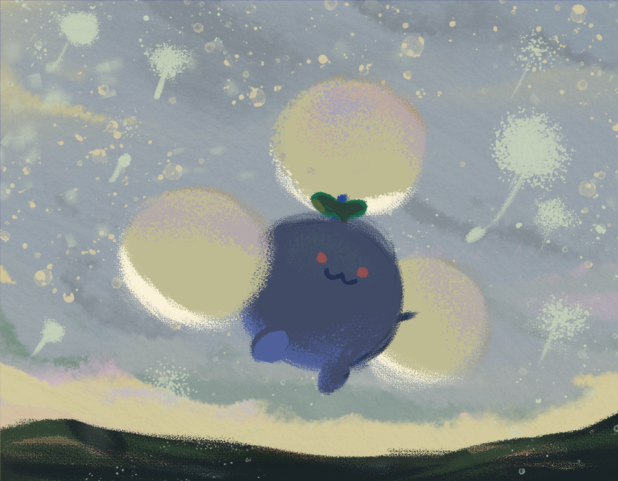 :3, blue_sky, commentary, creature, day, english_commentary, everydaylouie, floating, full_body, gen_2_pokemon, jumpluff, louie_zong, no_humans, pink_eyes, pokemon, pokemon_(creature), sky, solo, wind