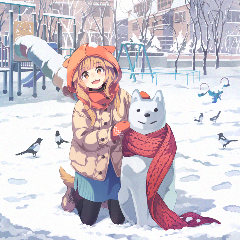 1girl, :>, :d, animal_ears, animal_hood, bangs, bare_tree, beige_coat