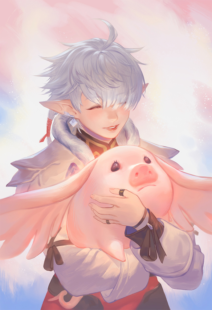 1girl, alisaie_leveilleur, animal, animal_hug, antenna_hair, closed_eyes, coat, eyebrows_visible_through_hair