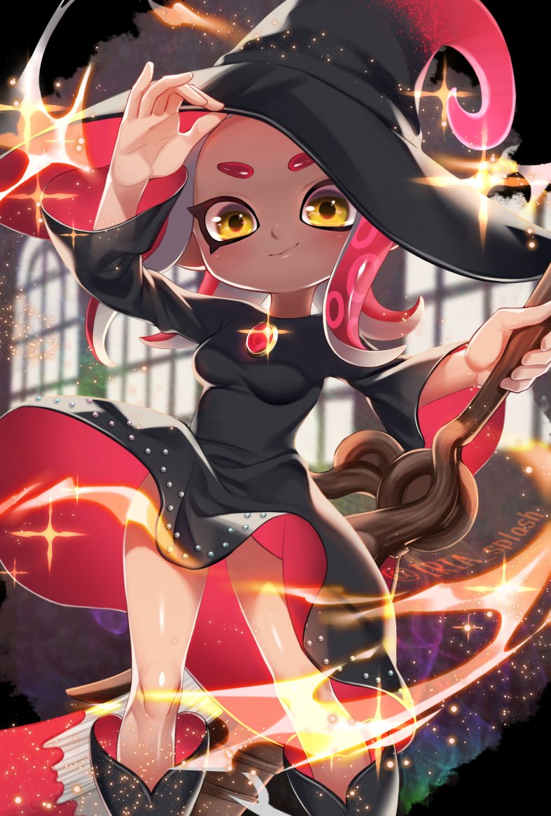 1girl, adjusting_clothes, adjusting_hat, black_dress, black_footwear, black_headwear, boots, brooch, broom, closed_mouth, diffraction_spikes, dress, hat, holding, holding_broom, indoors, iria_splash, jewelry, light_particles, long_sleeves, looking_at_viewer, makeup, mascara, medium_dress, medium_hair, octarian, octobrush_(splatoon), octoling, pointy_ears, redhead, sequins, smile, solo, sparkle, splatoon_(series), standing, tentacle_hair, twintails, wind, wind_lift, window, witch, witch_hat, yellow_eyes