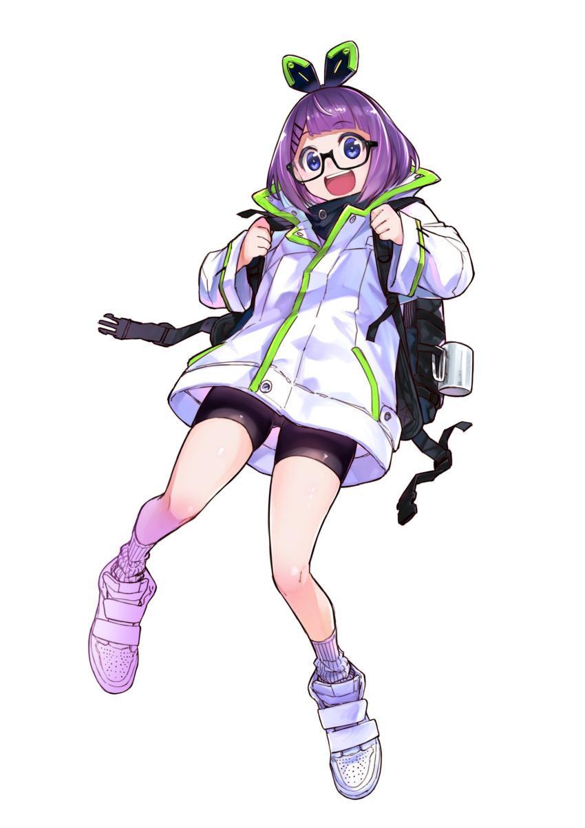 1girl, :d, absurdres, backpack, bag, bangs, bike_shorts, black-framed_eyewear, black_shirt, black_shorts, blue_eyes, blunt_bangs, bob_cut, commentary_request, eyebrows_visible_through_hair, floating, glasses, grey_legwear, headgear, heart_gear, highres, long_sleeves, looking_at_viewer, official_art, open_mouth, purple_hair, roue_(heart_gear), semi-rimless_eyewear, shirt, shoes, short_hair, shorts, simple_background, smile, socks, solo, tsuyoshi_takaki, under-rim_eyewear, white_background, white_coat, white_footwear
