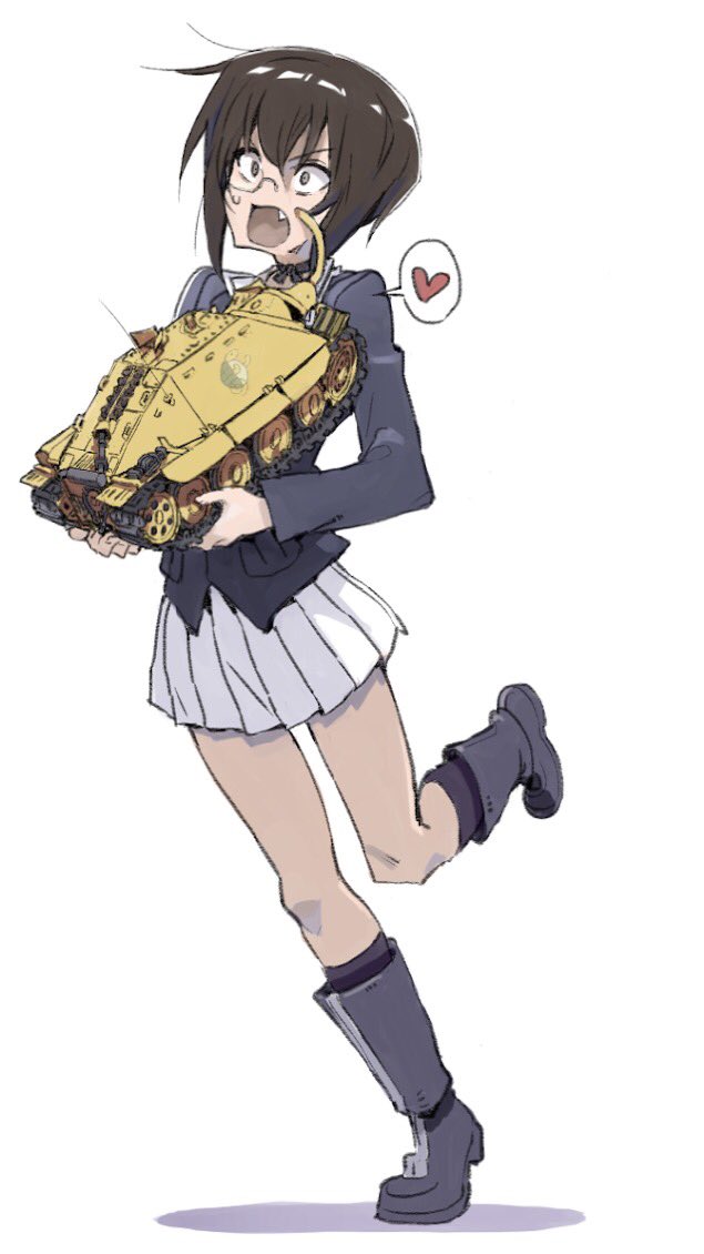 1girl, bangs, black_choker, black_eyes, black_footwear, black_hair, black_legwear, blue_jacket, boots, bow_choker, choker, commentary, constricted_pupils, fang, frown, full_body, girls_und_panzer, ground_vehicle, heart, hinjaku_na_dwarf, holding, jacket, jagdpanzer_38(t), kawashima_momo, leg_up, long_sleeves, military, military_uniform, military_vehicle, miniskirt, model_tank, monocle, motor_vehicle, ooarai_military_uniform, open_mouth, pleated_skirt, semi-rimless_eyewear, shadow, short_hair, simple_background, skirt, socks, solo, standing, standing_on_one_leg, sweatdrop, tank, under-rim_eyewear, uniform, white_background, white_skirt, zipper