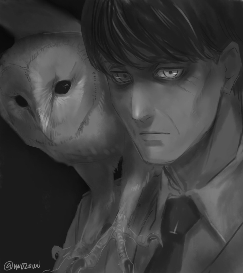 1boy, bird, black_hair, closed_mouth, eren_kruger, facial_mark, facial_scar, formal