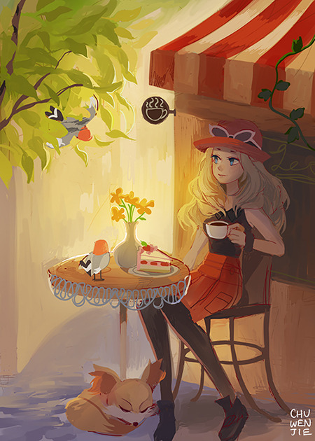 1girl, awning, bird, black_footwear, black_legwear, breasts, cake, chair