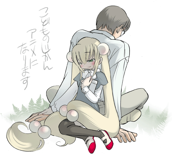 aoki_daisuke, back-to-back, hair_bobbles, hair_ornament, kodomo_no_jikan, kokonoe_rin, translated, watashiya_kaworu