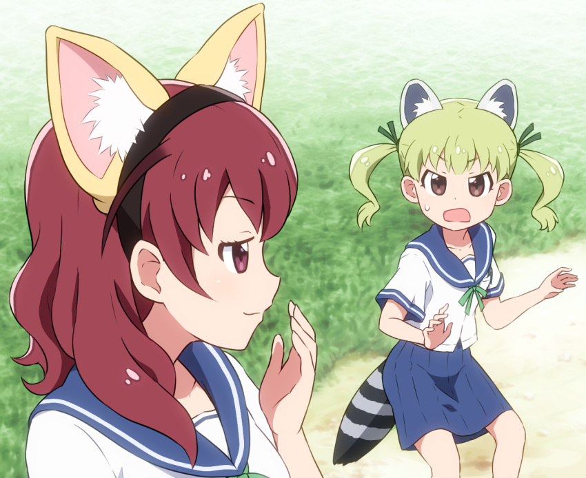 2girls, animal_ear_fluff, animal_ears, bangs, black_hairband, blue_sailor_collar, blue_skirt, blurry