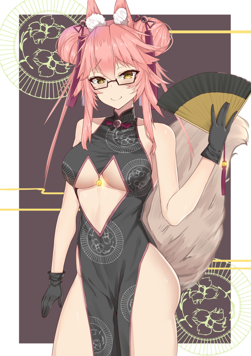 1girl, absurdres, animal_ear_fluff, animal_ears, bangs, bare_hips, bare_shoulders, black-framed_eyewear