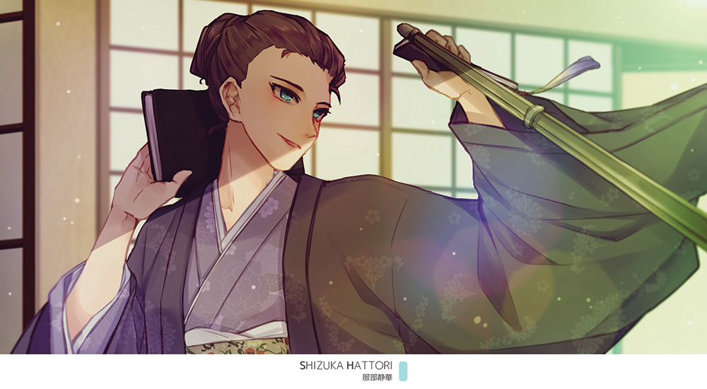 1girl, blue_eyes, blurry, blurry_background, brown_hair, character_name, closed_mouth, dust_particles