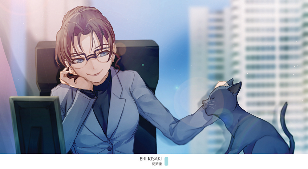 1girl, black-framed_eyewear, black_shirt, blue_eyes, blurry, blurry_background, brown_hair, cat