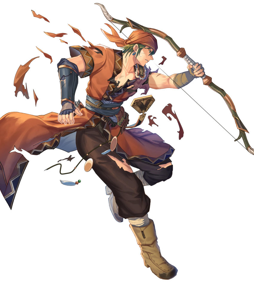 1boy, arrow, bandages, bandana, belt, boots, bow_(weapon), earrings