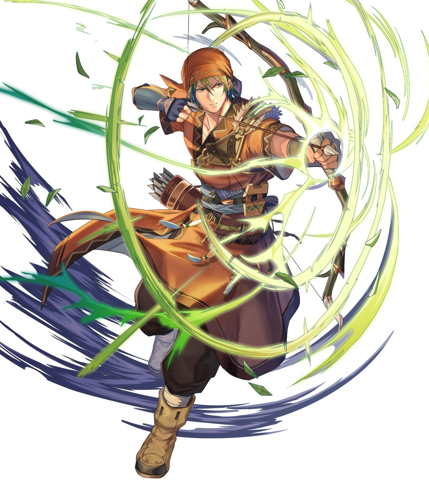 1boy, arrow, bandages, bandana, belt, boots, bow_(weapon), earrings