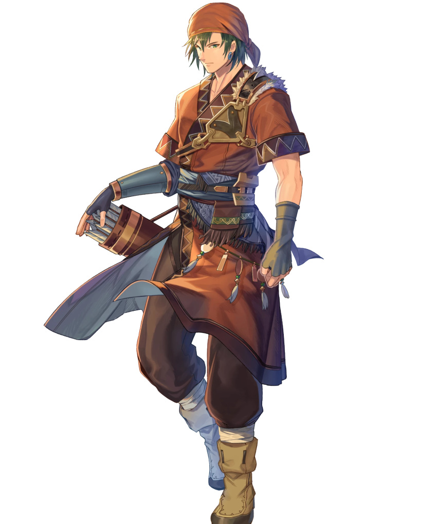 1boy, arrow, bandages, bandana, belt, boots, earrings, fingerless_gloves, fire_emblem, fire_emblem:_the_blazing_blade, fire_emblem_heroes, full_body, fur_trim, gloves, green_eyes, green_hair, highres, jewelry, male_focus, official_art, quiver, rath_(fire_emblem), solo, transparent_background