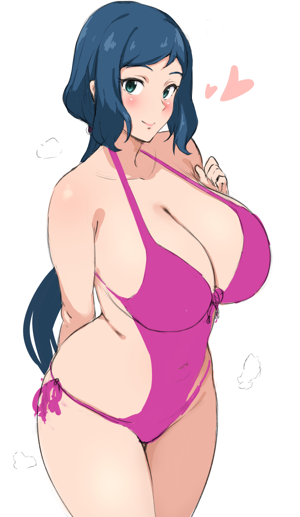 1girl, arm_behind_back, bikini, blue_eyes, blue_hair, blush, breasts, commentary_request