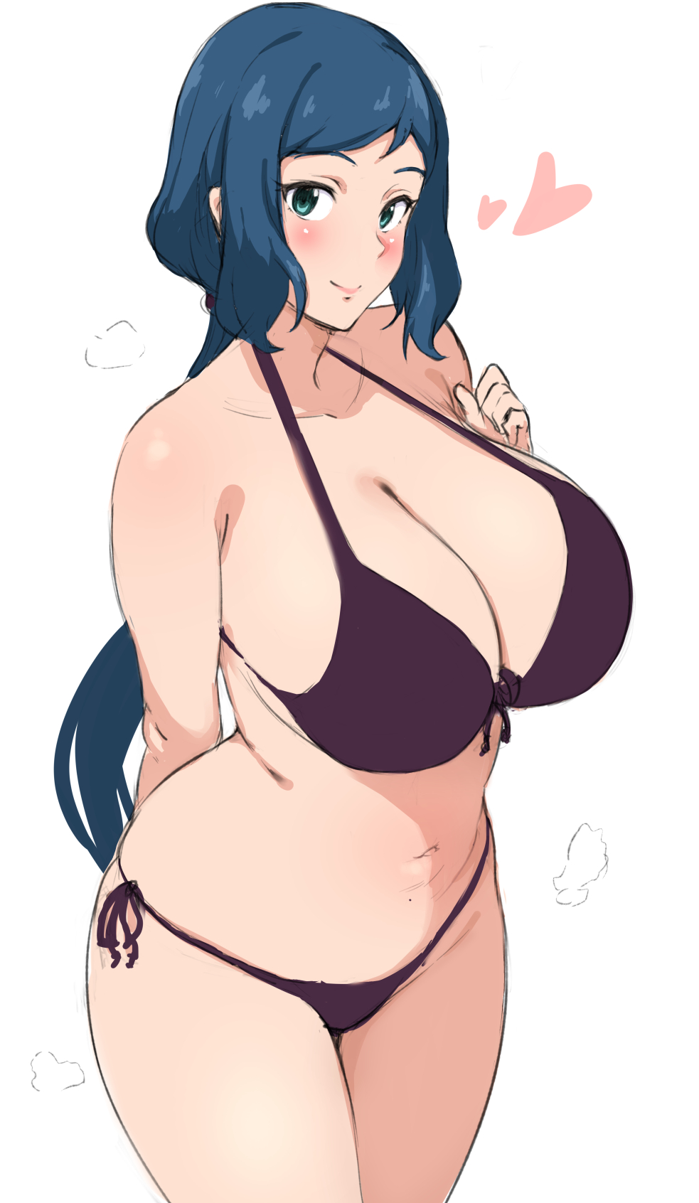 1girl, arm_behind_back, bikini, black_bikini, blue_eyes, blue_hair, blush, breasts