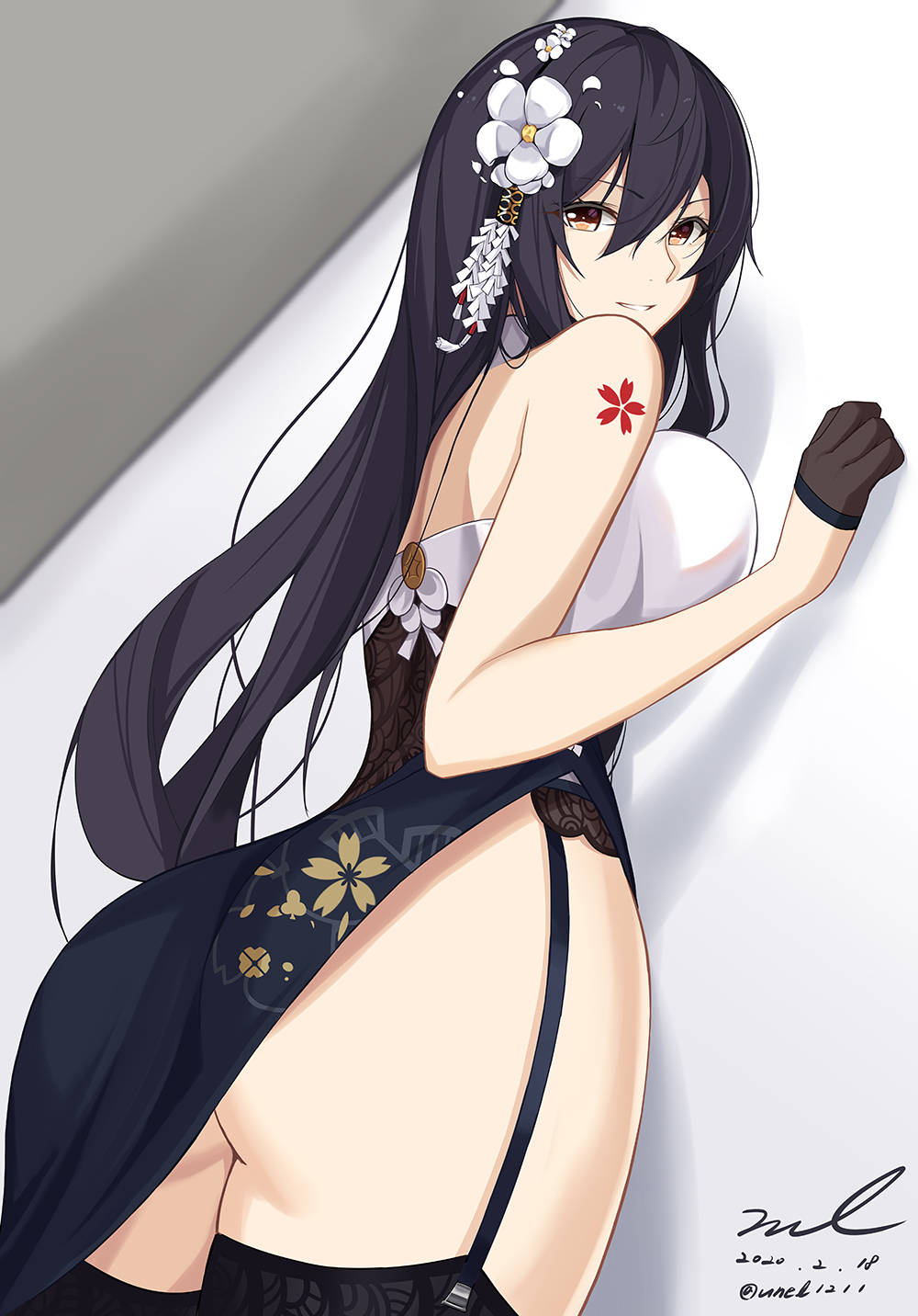 1girl, ass, azuma_(azur_lane), azuma_(soft_voice_of_spring)_(azur_lane), azur_lane, bare_shoulders, black_hair, breasts