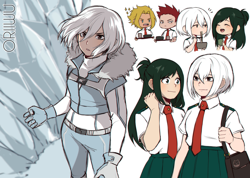 2boys, 2girls, :<, :d, absurdres, adjusting_hair, all_might, alternate_hairstyle, artist_name, bag, bangs, belt, blonde_hair, blue_eyes, blue_gloves, blue_jacket, bob_cut, boku_no_hero_academia, bowl, brown_eyes, buckle, character_sheet, chibi, chibi_inset, chopsticks, closed_eyes, commentary, cowboy_shot, cup, dress_shirt, eating, epaulettes, food, from_above, fur_trim, gloves, green_eyes, green_hair, green_skirt, highres, holding, holding_bag, ice, jacket, light_smile, long_hair, looking_at_another, looking_at_viewer, looking_up, midoriya_inko, multiple_boys, multiple_girls, necktie, no_beard, noodles, open_mouth, oriiwu, parted_bangs, parted_lips, pleated_skirt, red_neckwear, redhead, school_bag, school_uniform, shirt, short_hair, skirt, smile, soba, sparkle, talking, todoroki_enji, todoroki_rei, tray, turtleneck, u.a._school_uniform, uniform, white_background, white_gloves, white_hair, white_shirt, wind, younger