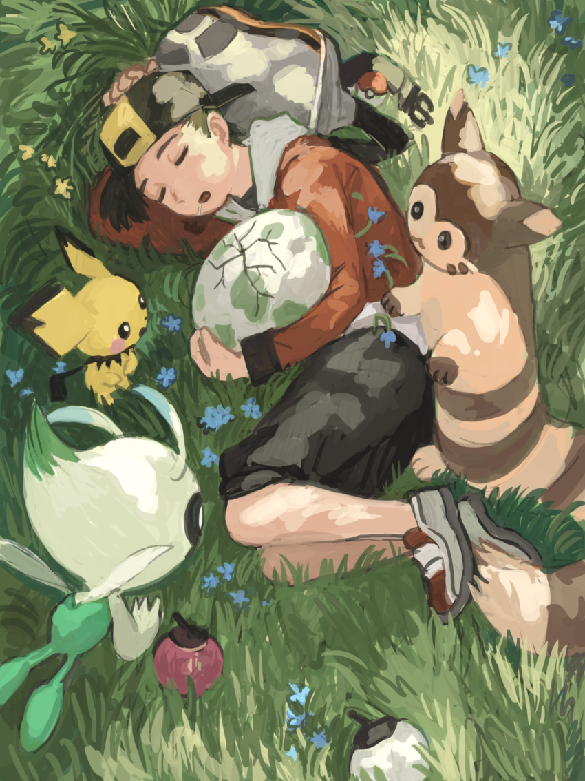 1boy, apricorn, backpack, backwards_hat, bag, baseball_cap, black_hair, celebi