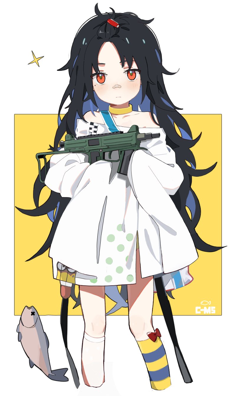 1girl, alternate_costume, asymmetrical_legwear, bandaid, bandaid_on_nose, bangs, bare_shoulders, black_hair, blush, c-ms_(girls_frontline), cbj-ms, character_name, choker, closed_mouth, cropped_legs, dress, fish, girls_frontline, gun, hair_ornament, hairclip, highres, holding, holding_gun, holding_weapon, long_hair, mole, mole_under_eye, polka_dot, polka_dot_legwear, red_eyes, sleeves_past_fingers, sleeves_past_wrists, solo, sparkle, weapon, white_legwear, younger, yuki_hotaru