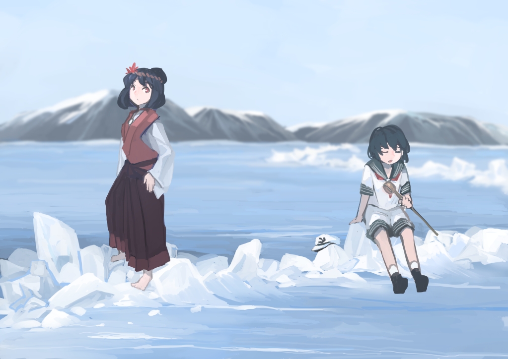 2girls, barefoot, black_footwear, black_hair, blue_sky, hat, iceberg, ichiba_youichi