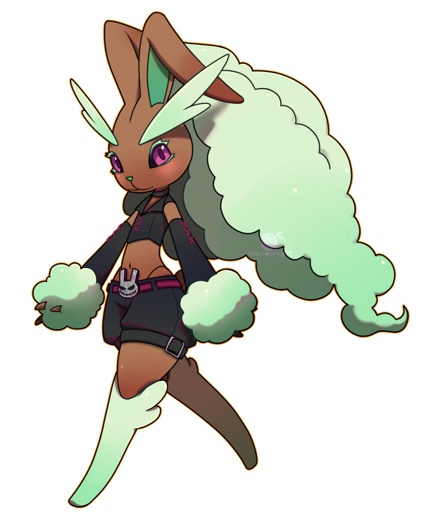 1girl, :3, alternate_color, alternate_shiny_pokemon, animal_ears, artist_name, belt, black_choker, black_panties, black_sclera, black_shirt, black_shorts, blush, bunny_mint, bunny_mint_(cosplay), bunny_tail, choker, closed_mouth, clothed_pokemon, cosplay, crop_top, detached_sleeves, english_commentary, flat_chest, full_body, furry, gen_4_pokemon, highleg, highleg_panties, highres, looking_at_viewer, lopunny, midriff, navel, no_humans, orange_outline, outline, panties, pokemon, pokemon_(creature), rabbit_ears, shirt, short_shorts, shorts, simple_background, sleeveless, sleeveless_shirt, solo, standing, starrberry, stomach, tail, underwear, violet_eyes, walking, watermark, white_background, youkai_watch