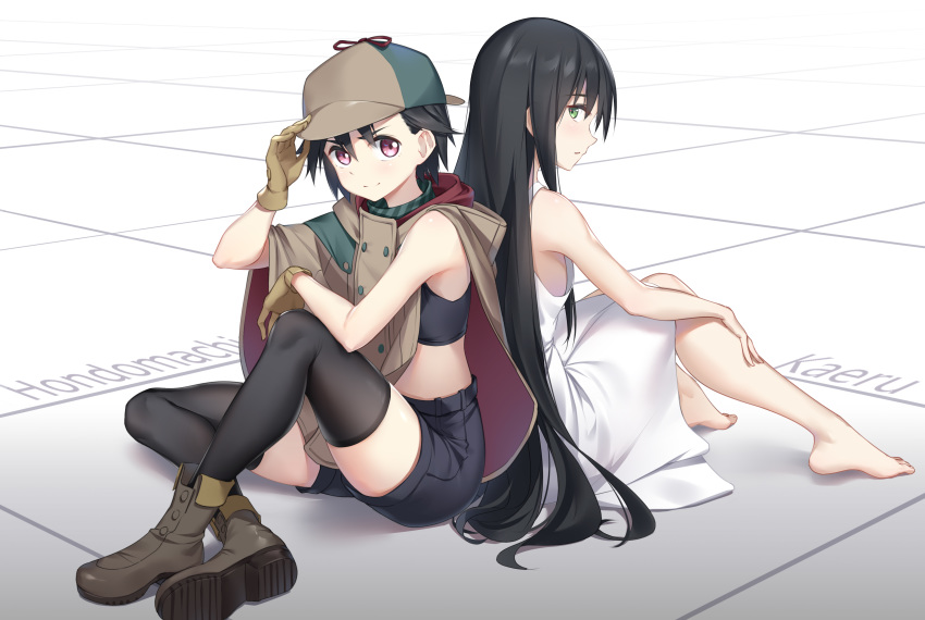 2girls, absurdres, adjusting_clothes, adjusting_hat, back-to-back, barefoot, black_hair, black_legwear