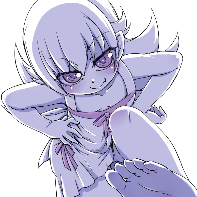 1girl, bakemonogatari, barefoot, blonde_hair, blush, closed_mouth, dress, feet, foreshortening, hanya_(hanya_yashiki), long_hair, looking_at_viewer, monochrome, monogatari_(series), oshino_shinobu, pov_feet, simple_background, smile, soles, solo, toes, underwear