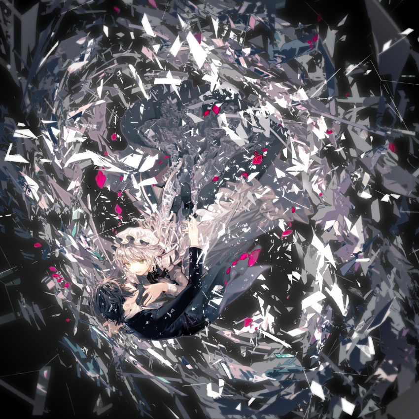 1boy, 1girl, absurdres, apron, black_hair, broken_glass, butler, couple