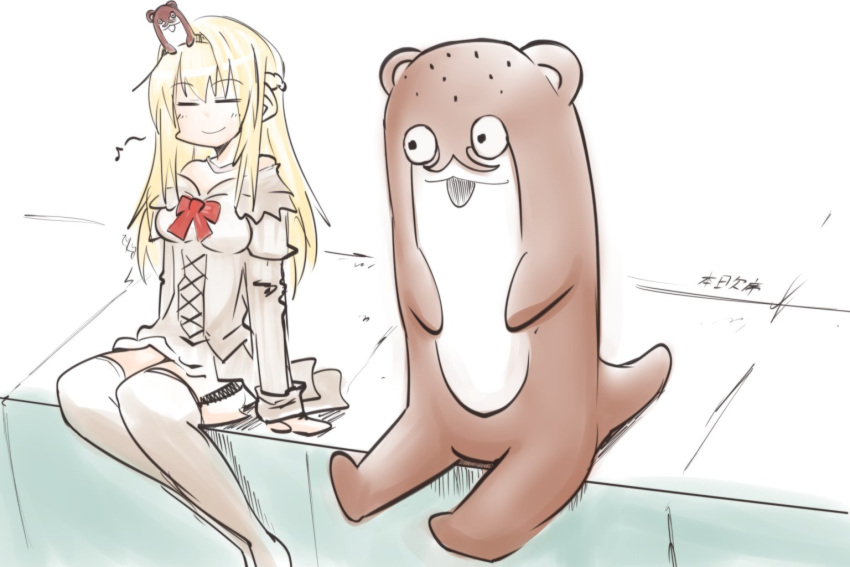 1girl, 1other, artist_name, blonde_hair, bokukawauso, braid, closed_eyes, corset, crown, dress, french_braid, garter_straps, honketsu, kantai_collection, long_hair, long_sleeves, looking_at_another, mini_crown, off-shoulder_dress, off_shoulder, otter, red_ribbon, ribbon, sitting, thigh-highs, warspite_(kantai_collection), white_dress, white_legwear