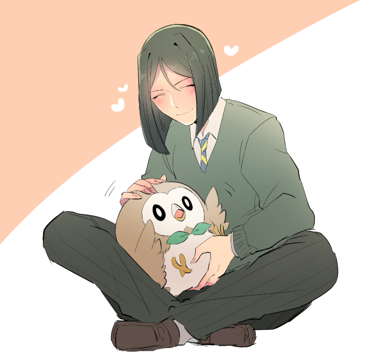 1boy, animal, animal_on_lap, bird, blush, bob_cut, crossover, fate/zero, fate_(series), gen_7_pokemon, green_hair, heart, indian_style, male_focus, necktie, pokemon, pokemon_(creature), rowlet, sitting, smile, sweater, waver_velvet, yorutsuki_(sakurekichan)