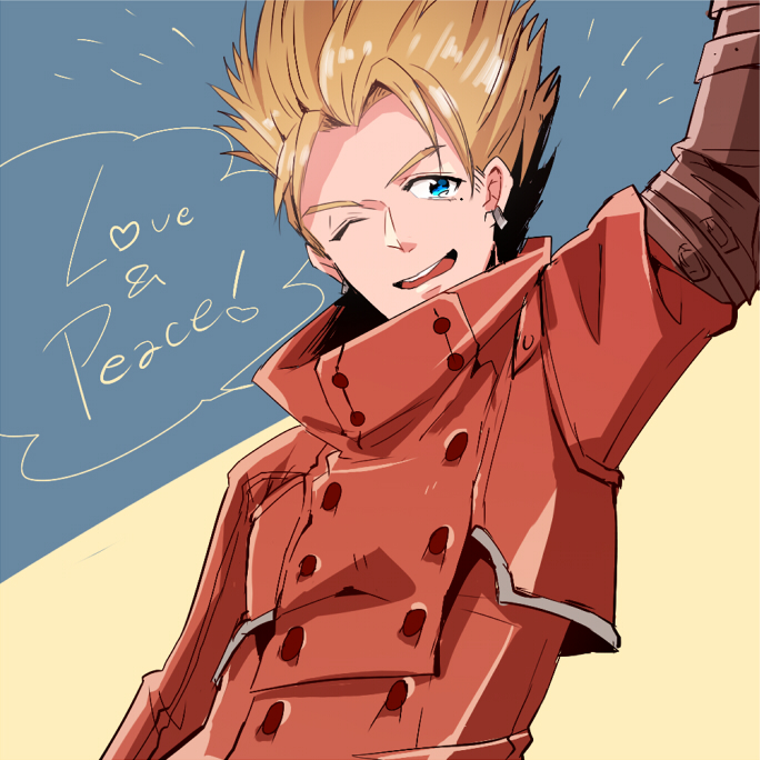 1boy, blonde_hair, blue_eyes, earrings, english_text, hair_up, high_collar, jacket